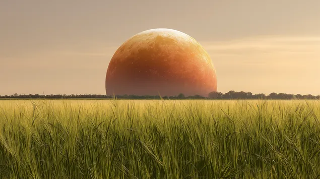 oranje planeet styg bokant groot goue gewasveldhorison aflaai