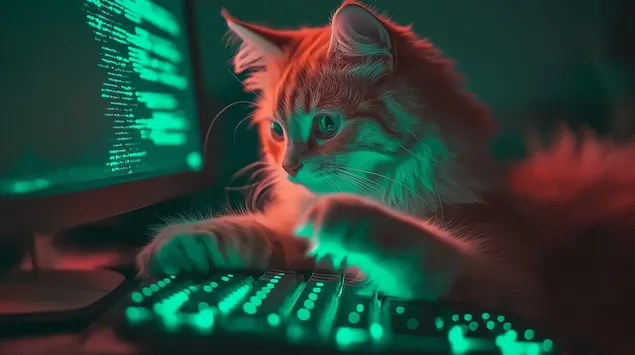 Narančasta tigrasta mačka hakira računalo noću 2K pozadina