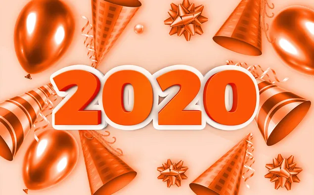 Pesta tema oranye untuk tahun 2020 dengan balon dan terompet 2K wallpaper