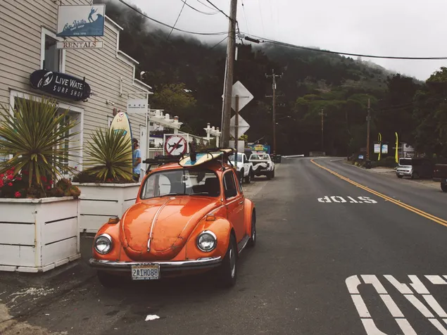 Orange volkswagen beetle coupe en carretera cerca de edificio marrón