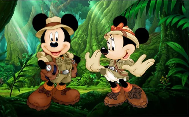 Orientación de dibujos animados de mickey maus y minnie mouse en safari en la jungla