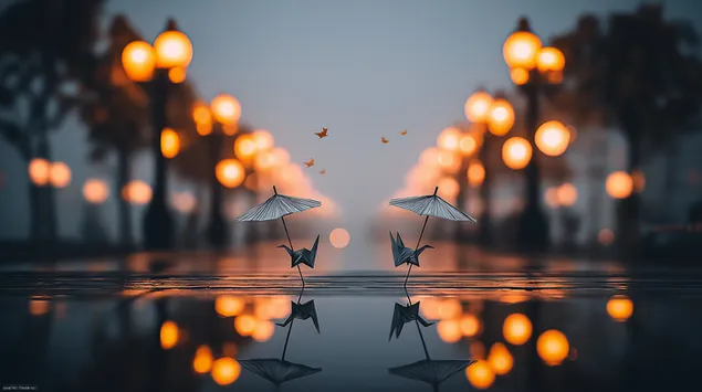 Origami-krane met sambrele in reënerige straatligte 2K muurpapier