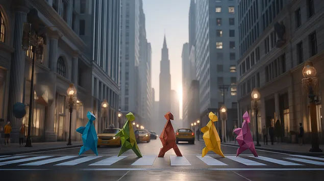 origami-fotgangare som korsar stadsgatan i skymningen ladda ner