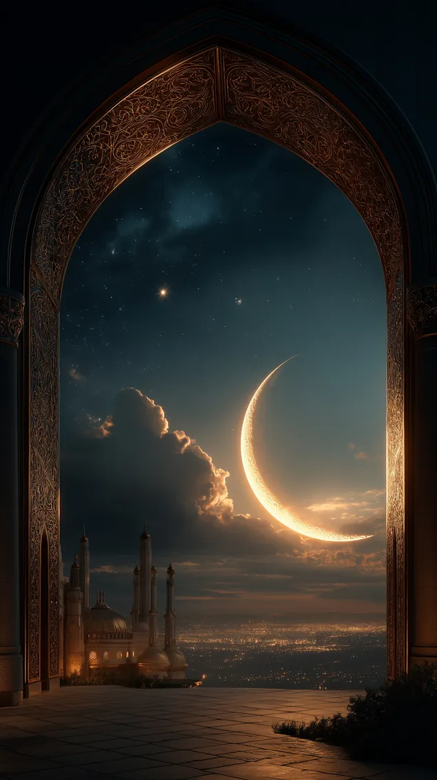 קשת מעוטרת המשקיפה על האוקיינוס ​​הזוהר ואופק העיר HD טפט