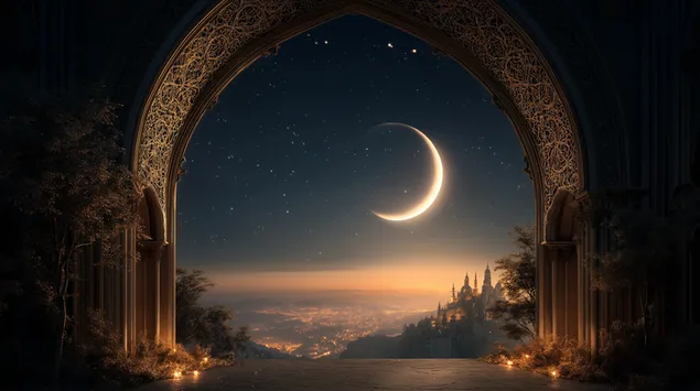 muat turun gerbang berhias menghadap horizon pemandangan bandar diterangi bulan