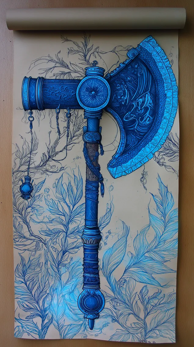 질감이 있는 두루마리에 장식된 판타지 도끼, 마법 아이템 예술 HD 배경화면