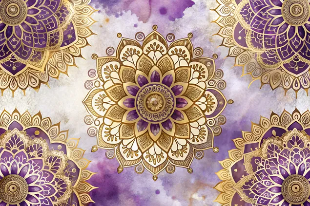 Изысканные цветочные мандалы с акварельными акцентами золотого и фиолетового цветов 4K обои