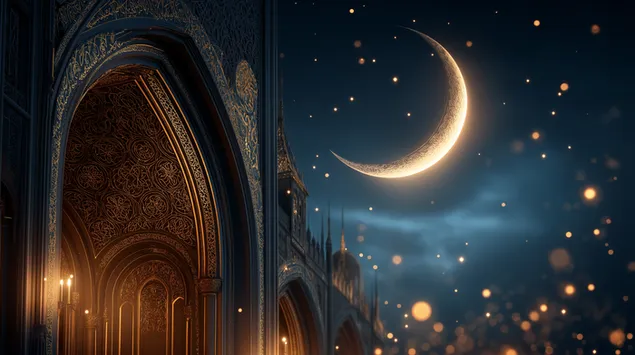 מבנה מעוטר תחת סהר וכוכבים זוהרים 2K טפט