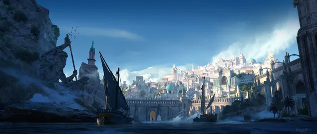 Outdoors fantasy city drawing 2K wallpaper