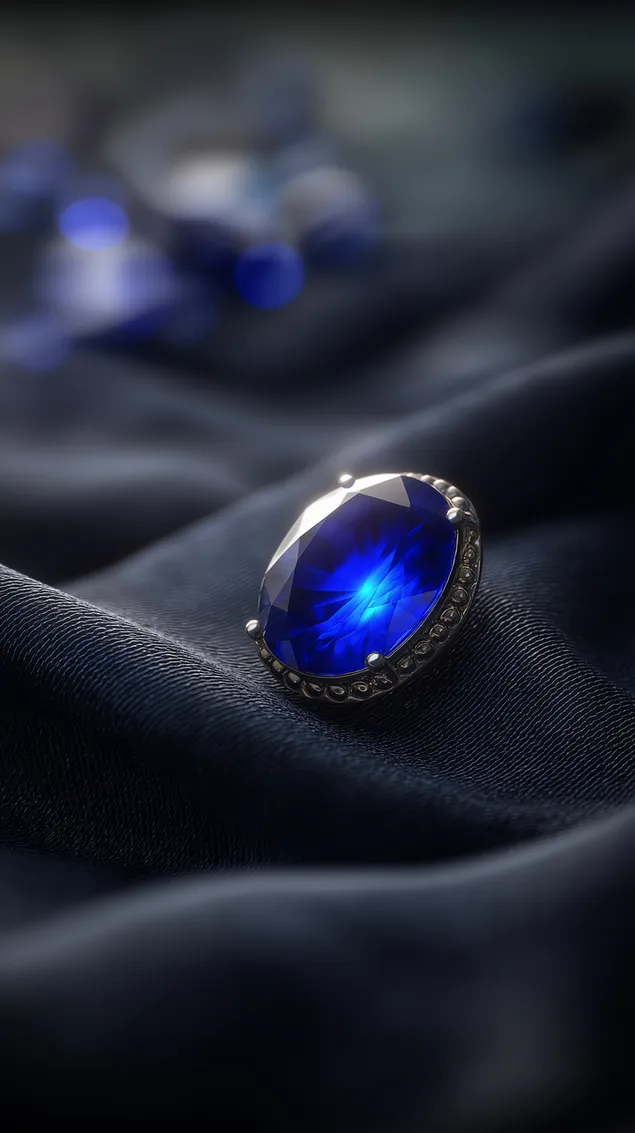 Anello con pietra preziosa ovale incastonata su superficie in tessuto satinato scuro e fluido HD sfondo