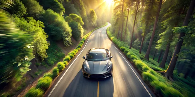 מבט עילי של מכונית ספורט יוקרתית בכביש היער עם צמחייה מוארת בשמש 4K טפט