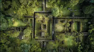 Overhead View of Lost Historical Structures in Forest 2K wallpaper