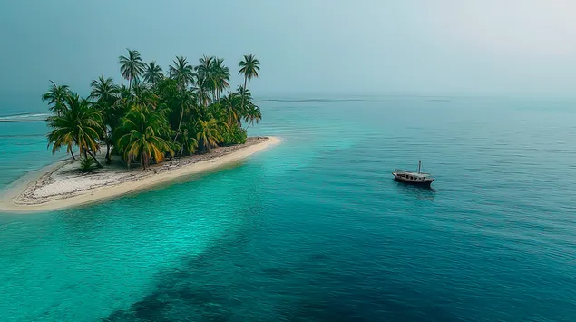 Вид сверху на уединенный тропический остров 2K обои