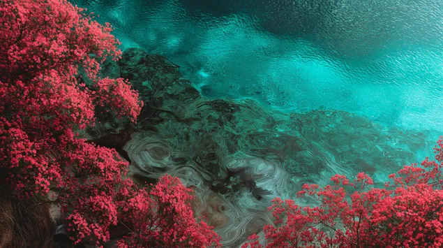 熱帶天堂的俯瞰圖，有生氣勃勃的樹葉和水 2K 壁紙