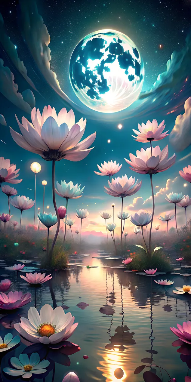 Ay Işığında Bir Çayırda Sıvı Gibi Yaprakları Olan Büyük Parlayan Çiçekler 2K duvar kağıdı