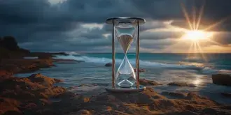 oversized hourglass on a pebbled beach with distant cliff architecture.