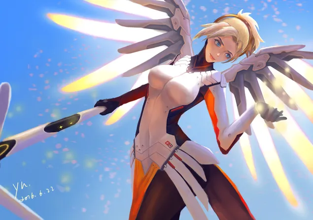 Overwatch (Angela Ziegler kaip Healer Mercy) 2K ekrano užsklanda