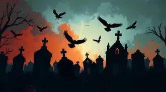 Molerei-gotische Kierfecht mat zerfallenden Grafsteng a Kuebesilhouetten 4K Tapeten