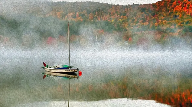 Pintura d'un vaixell en un llac baixada