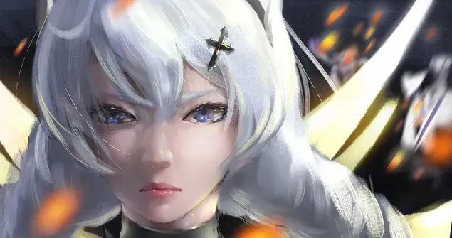 Pintura d'una noia d'anime amb els cabells blancs i els ulls blaus 2K fons de pantalla