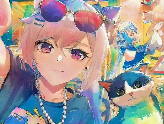 可卿與貓一起自拍畫作| 原神衝擊 4K 壁紙