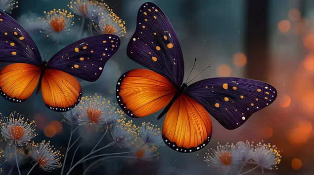 Pair of Butterflies Among Dandelion-like Plants in Soft Focus 2K wallpaper