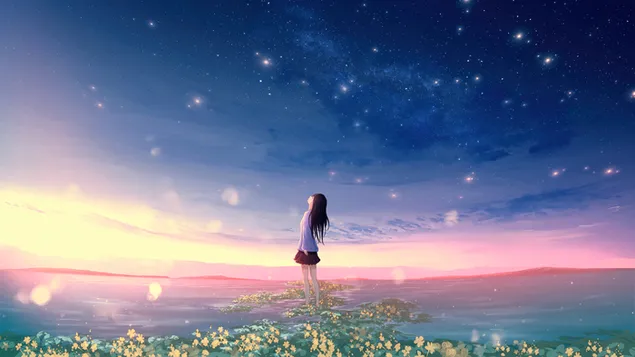 Paisaje de amanecer de chica anime descargar