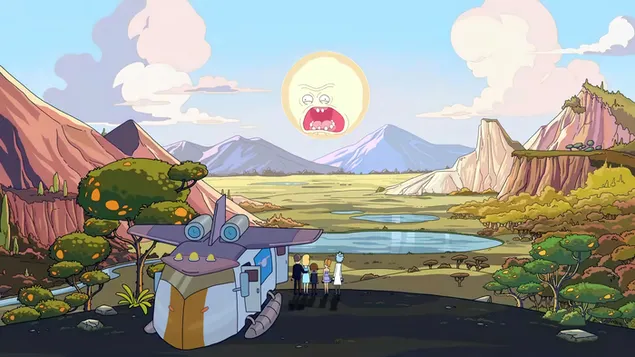 Paisaje de dibujos animados de la familia Rick y Morty