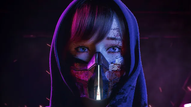 パーカー、茶色の髪、青い目、紫色の背景の前にマスクを持つアニメの女の子