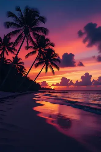 siluety palem vytvareji krasnou tropickou scenu zapadu slunce. stahnout