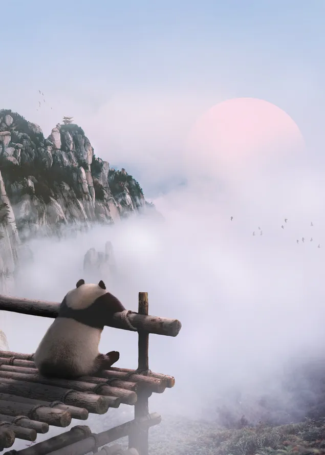 Panda die naar volle maan en besneeuwde bergen kijkt