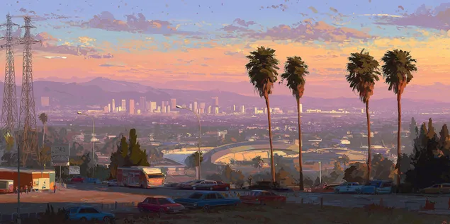 נוף פנורמי של עיר בדמדומים עם עצי דקל גבוהים 2K טפט