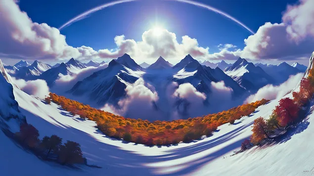 Lugina malore panoramike - Pamje panoramike e një lugine malore me dëborë me pemë të gjalla të vjeshtës. 4K sfond