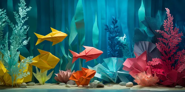 paysage marin en papier avec poisson en origami et recif corallien plie telechargement
