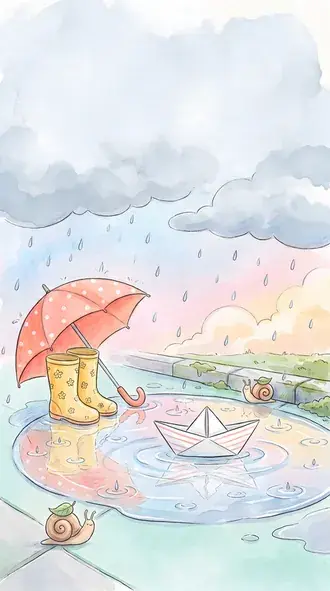paper boat sailing in a rain puddle with umbrella and boots in cute watercolor art download