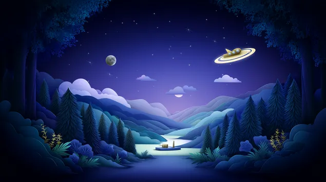 Paesaggio alieno ritagliato con UFO e chiaro di luna 2K sfondo