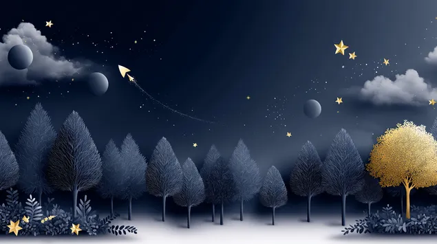 Cel nocturn de bosc retallat de paper amb arbre daurat i coet 2K fons de pantalla