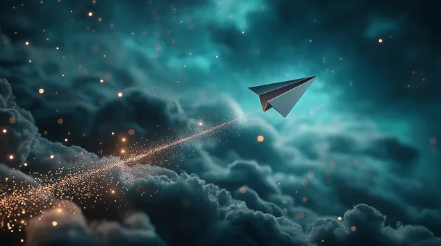 muat turun pesawat kertas melambung melalui awan langit berbintang dengan denai berkilau