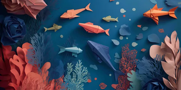 radharc faoi uisce ceardaiochta paipeir le creatuir mhara agus plandai origami ioslodail