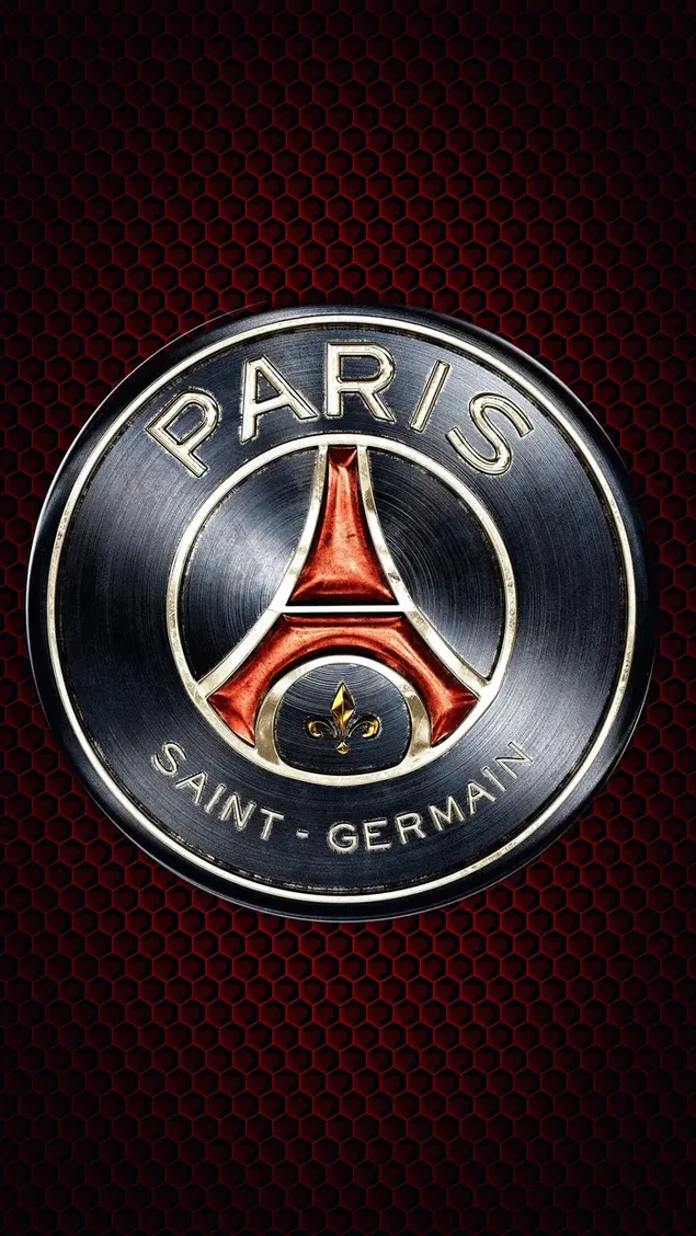 パリ サンジェルマン フットボール クラブのロゴ、フランス リーグ 1 チームの 1 つ、赤い背景の前