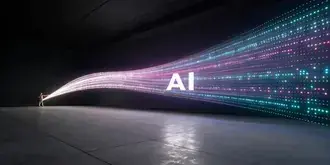빛나는 Ai 텍스트를 향해 흐르는 파스텔 디지털 데이터 스트림 4K 배경화면