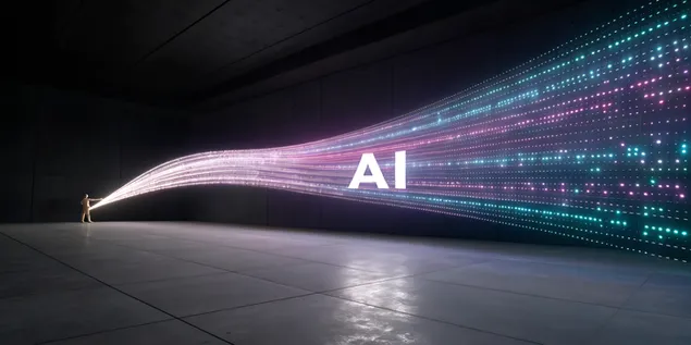 สตรีมข้อมูลดิจิทัลสีพาสเทลไหลไปสู่ข้อความ Ai ที่เรืองแสง 4K วอลเปเปอร์