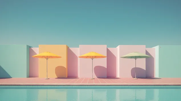 جنة الباستيل بجانب المسبح مع جدران ومظلات هندسية 2K خلفية
