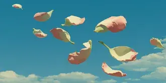 부드럽고 맑은 하늘에 떠 있는 파스텔 꽃잎 2K 배경화면