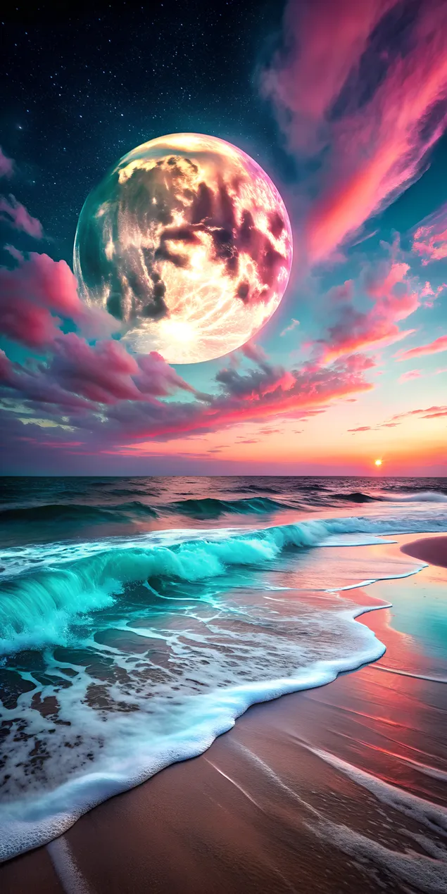 أمواج الباستيل على شاطئ رملي أسود متوهج تحت ضوء القمر المضيء 2K خلفية