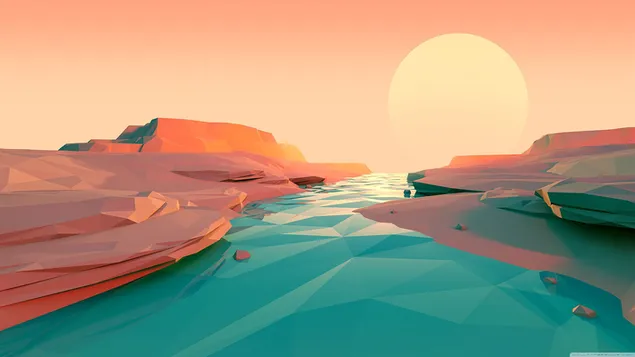 Pastellfarbenes Bild der Sonne mit gezeichneter fantastischer Aussicht auf Felsen und Wasser
