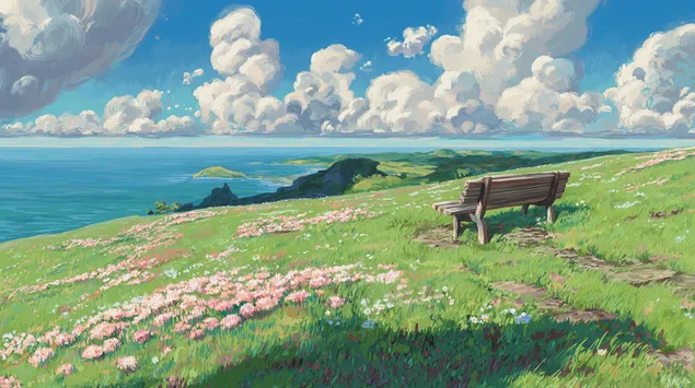 Taustpilt Tee läbi niidu, mis viib mereäärsele pingile 2K