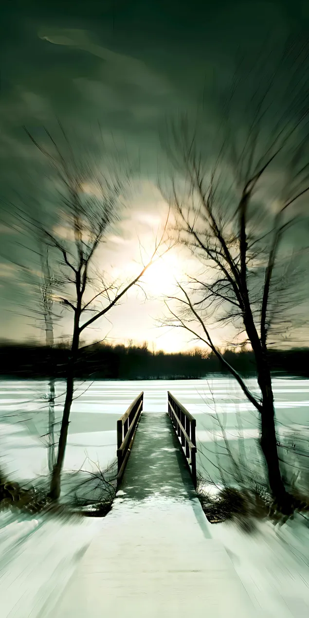 الطريق إلى البحيرة المتجمدة تحت سماء كئيبة 2K خلفية