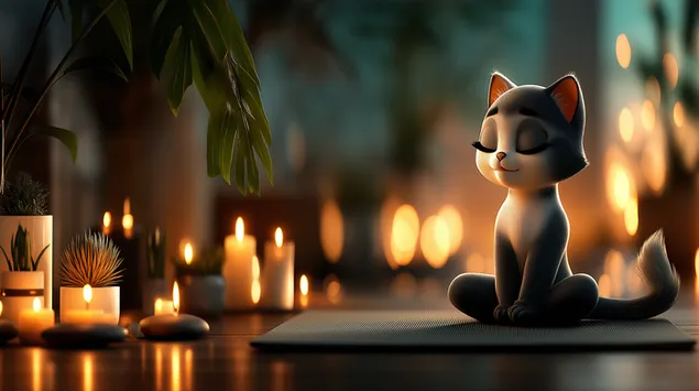 חתול מצויר שליו מדיטציה בתנוחת לוטוס עם נרות 2K טפט