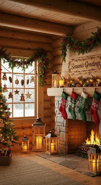 uma manha de natal tranquila em casa, com meias de natal, luzes suaves e presentes lindamente embrulhados. download